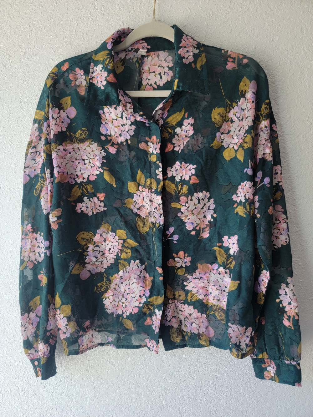 Dark Green Floral Button-Up Blouse with Pink Blooms